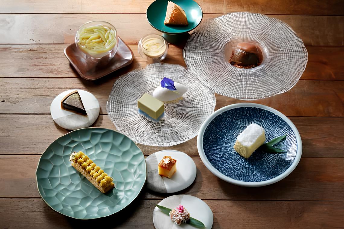 An assortment of artfully plated desserts and sweets, each on unique dishes, displayed on a wooden table.