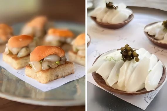Sea urchin and scallop bites on toast with caviar-topped cream bowls, served on decorative plates for an elegant presentation