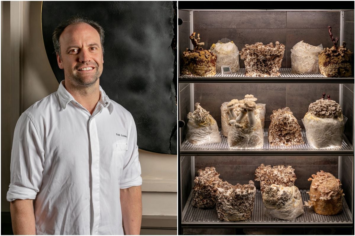 Chef Brett Graham and the mushroom cabinet at The Ledbury.