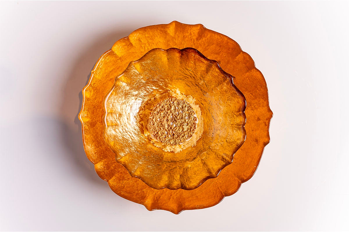 Cacao ghevar, cauliflower crémeux, roasted barley ice-cream at Tresind Studio.