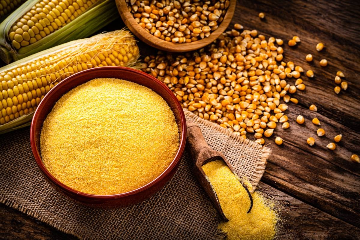 Bowl of cornmeal with corn kernels