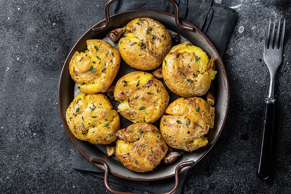 Crushed Jersey Royal potatoes.