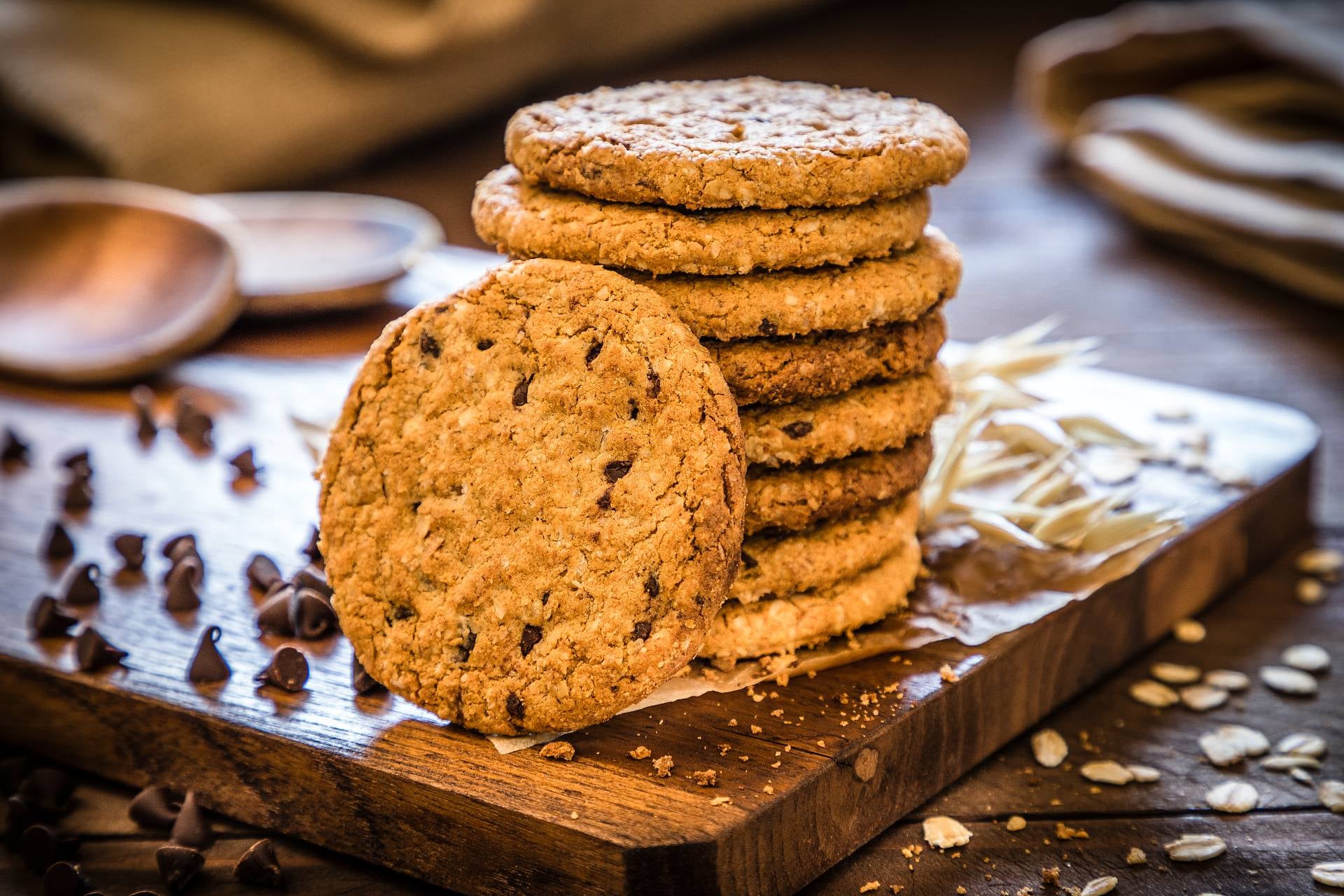 Stack of chewy oatmeal cookies with chocolate chips