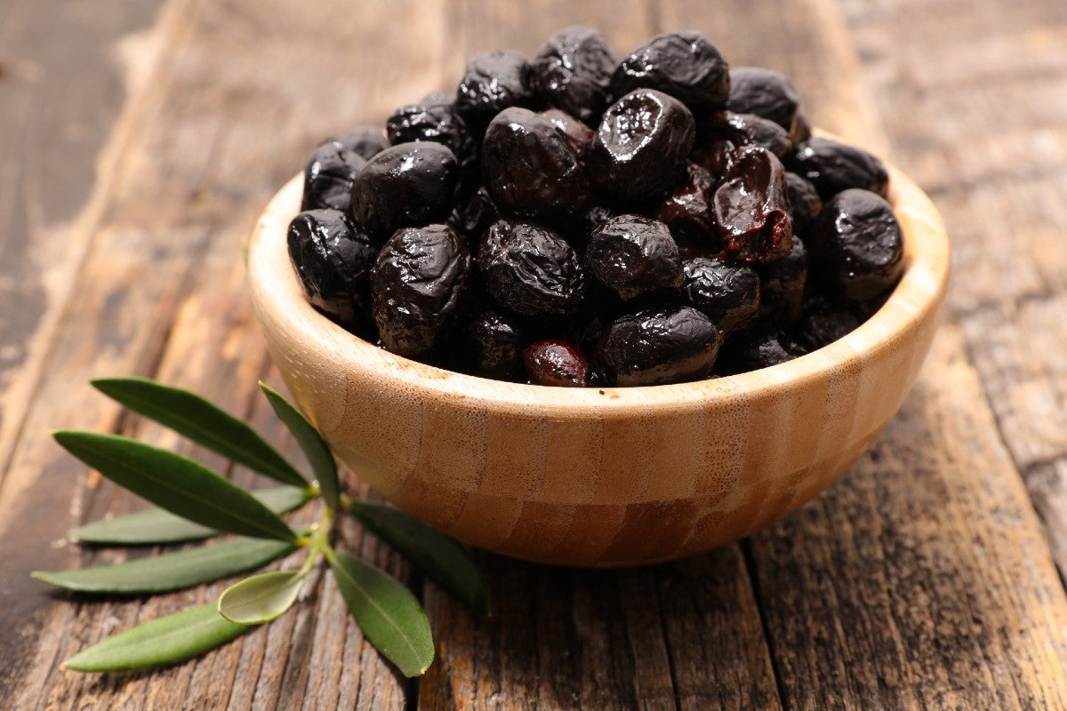 Bowl of small size black olive quality from Greek island of Thassos