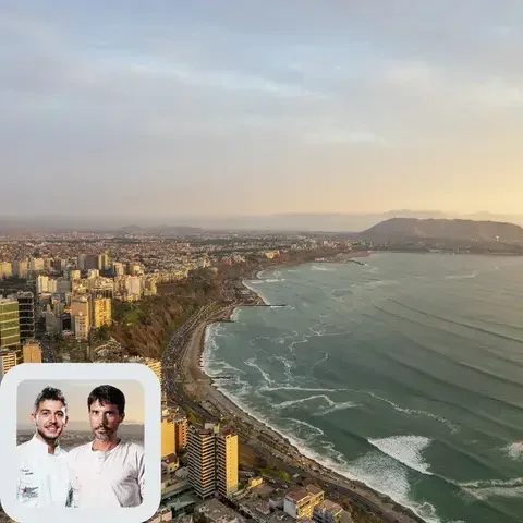 Chefs Nelson Freitas and Virgilio Martínez, and the Lima skyline.