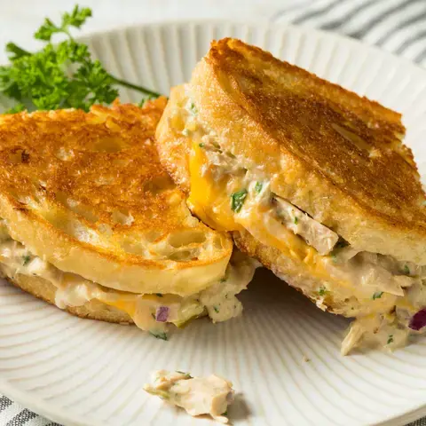 Tuna melt sandwich on a plate.