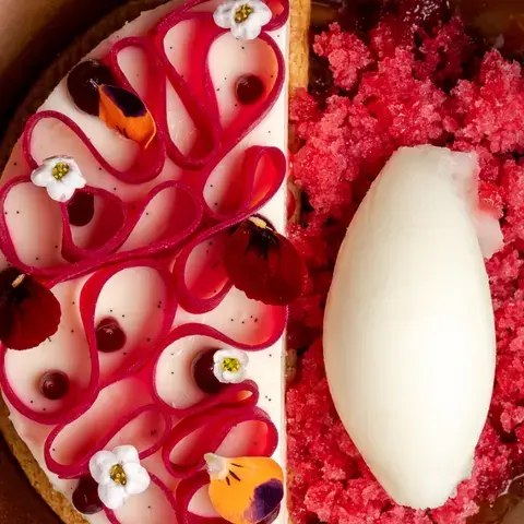 Beetroot, mascarpone namelaka and fire granita at Il Piccolo Principe.