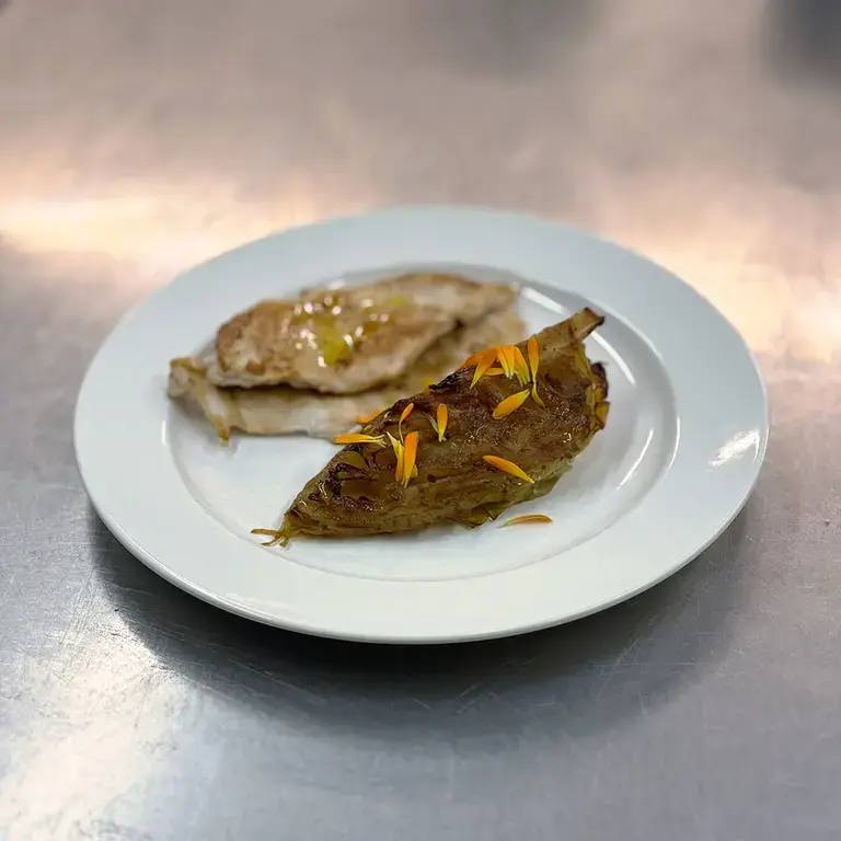 Grilled Chicken with Glazed Cabbage by Paolo Griffa.