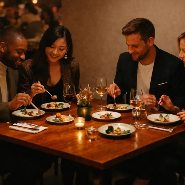 People enjoying a meal around a restaurant table.