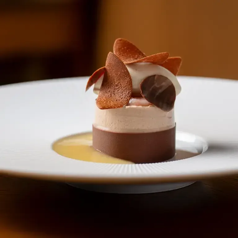Red William pear, hazelnut, vegan chocolate, coffee and Amalfi lemon at Amber.