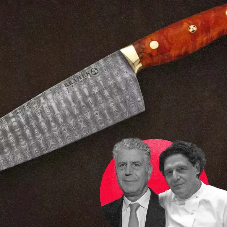 Bourdain chef knife with chefs Bourdain and Marco Pierre White.