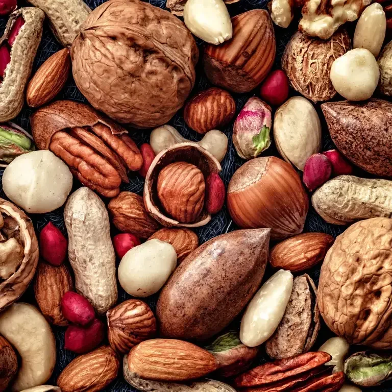 An overhead photo of a wide selection of nuts
