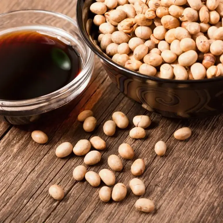 A bowl of dark soy sauce with soy beans.