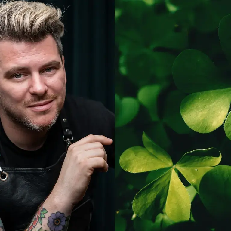 A composite image of a chef and clover leaves.