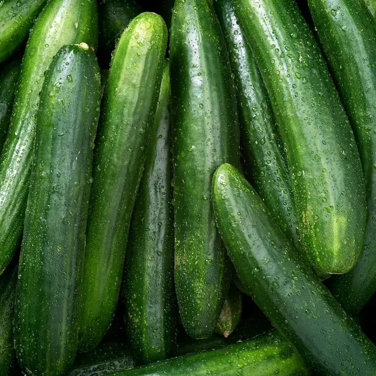 overhead view of a pile of fresh English cucumbers
