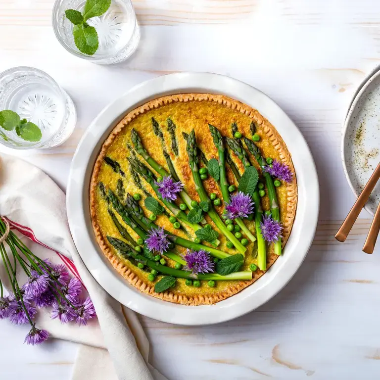 Green asparagus, sweet peas Tart with edible chives flowers or blossoms