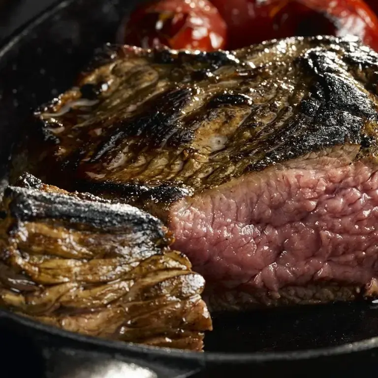 A piece of bavette in a pan.
