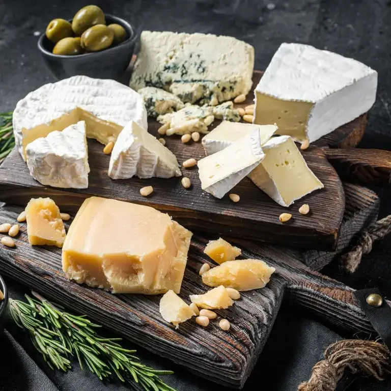 A cheeseboard with a selection of global cheeses.
