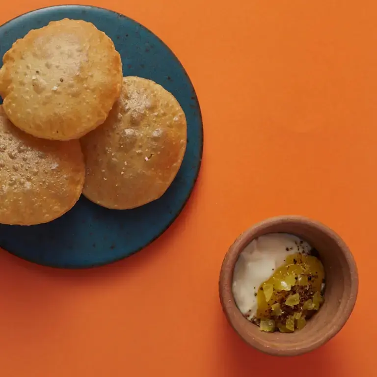 Besan Puri with Mango Ma Kwaen Pepper Srikhand