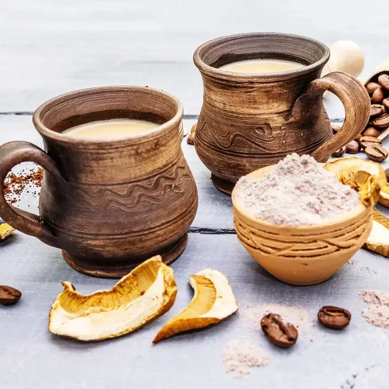Mushroom Chaga Coffee Superfood Trend. eramic bowls and cups, coffee beans, dry mushrooms, powder