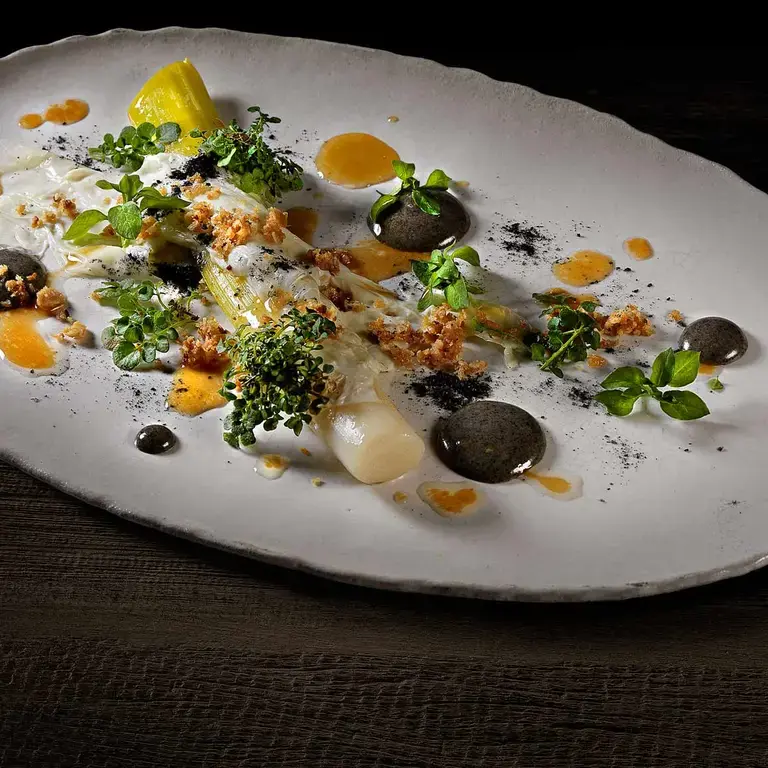 Charred Leeks And White Asparagus, Hazelnuts And Milk Skin