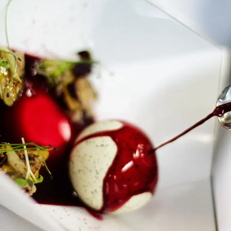 Hot Borscht With Foie Gras And Herring Under The Coat Of Vegetables Rolls