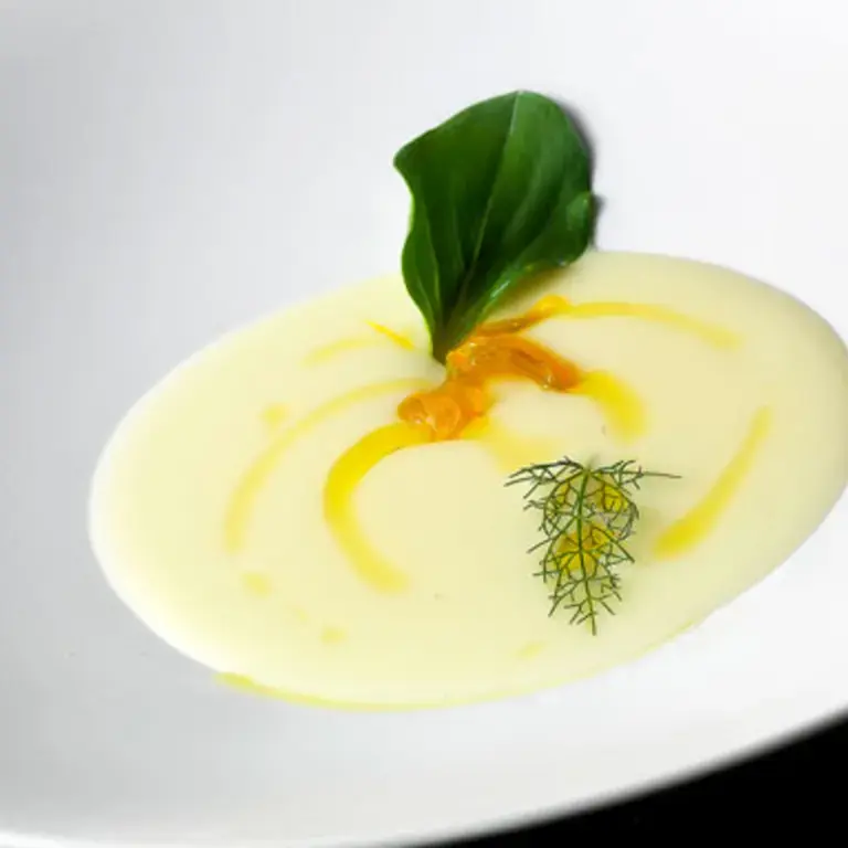 Cream of Potato and Leek caramelized with Saffron