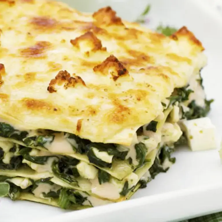 Spinach Lasagna with White Sauce and Feta Cheese