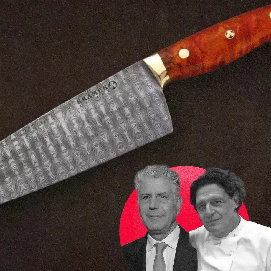 Bourdain chef knife with chefs Bourdain and Marco Pierre White.