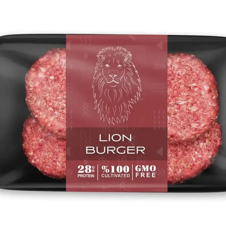 a retail pack of lion burgers