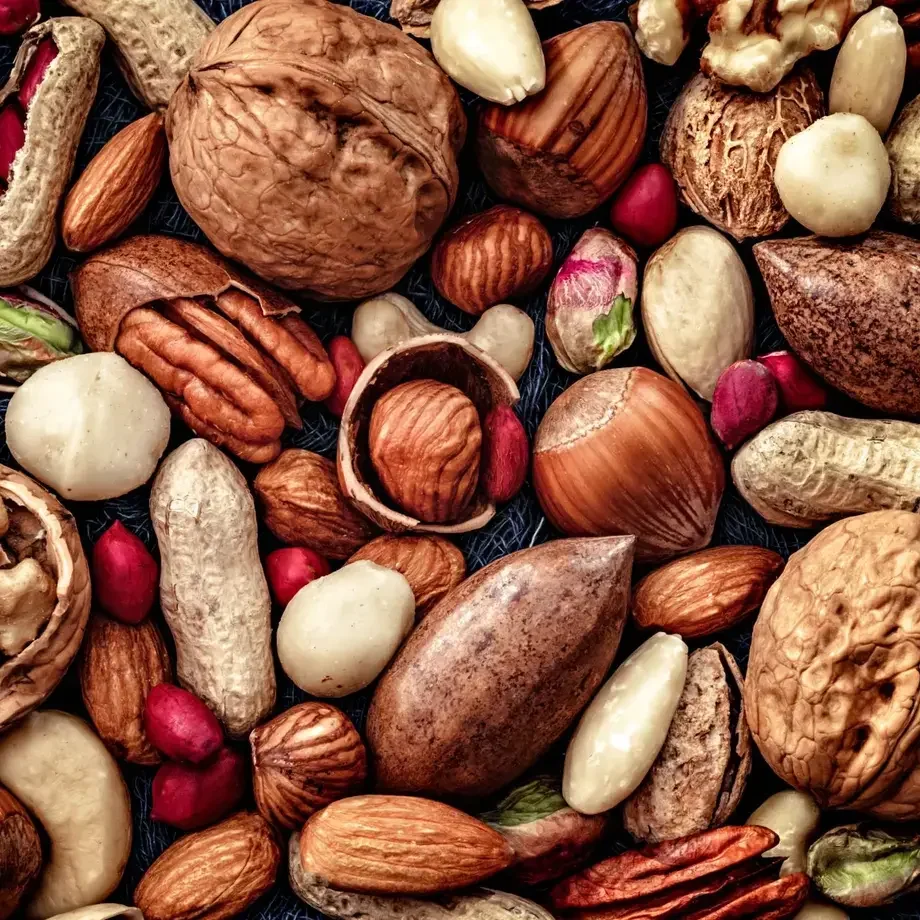 An overhead photo of a wide selection of nuts