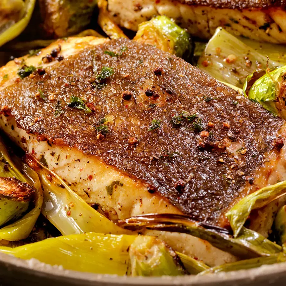 Cooked fish with a crispy skin.