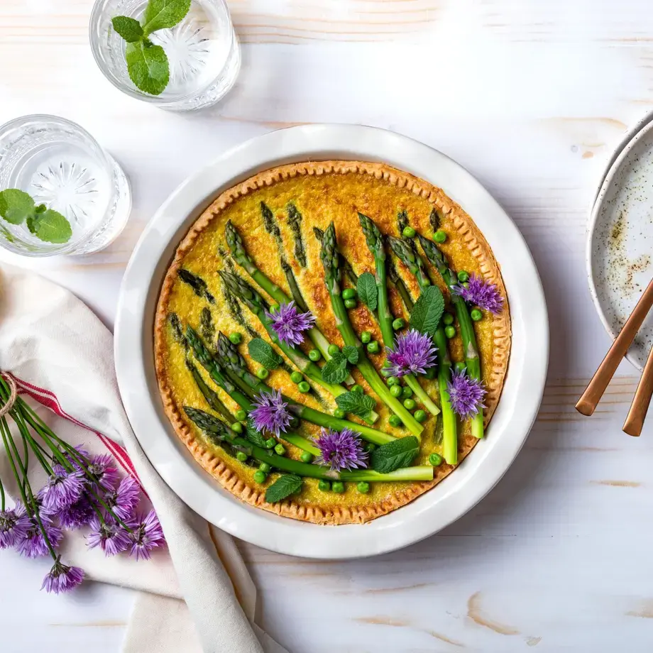 Green asparagus, sweet peas Tart with edible chives flowers or blossoms