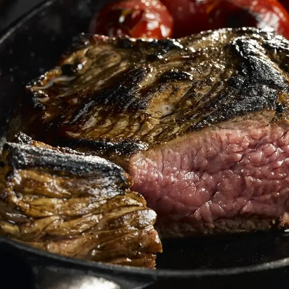 A piece of bavette in a pan.
