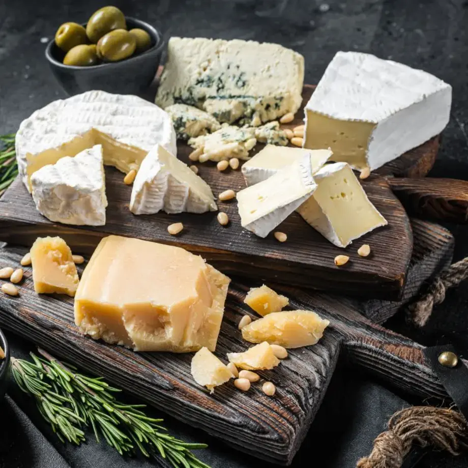A cheeseboard with a selection of global cheeses.