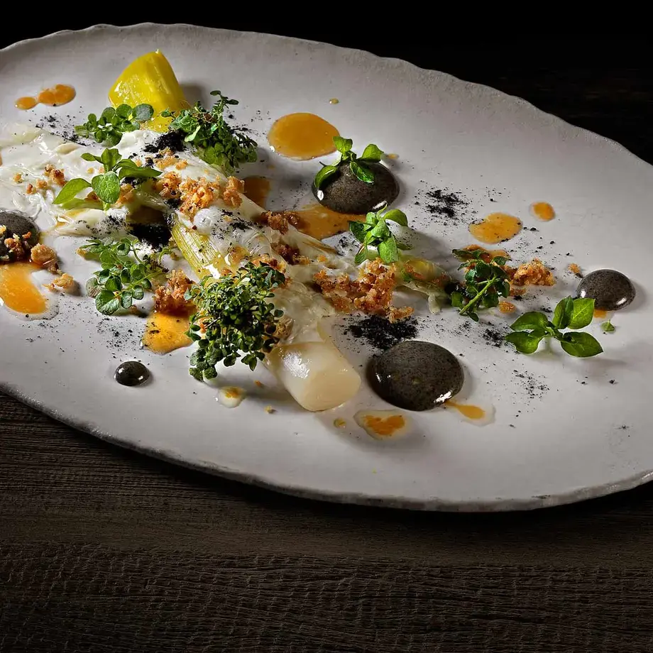 Charred Leeks And White Asparagus, Hazelnuts And Milk Skin