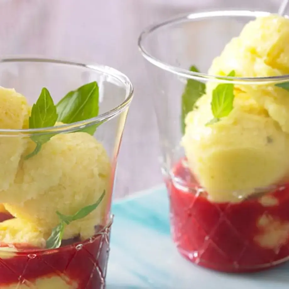 Mango Sorbet with Raspberry Sauce and Basil