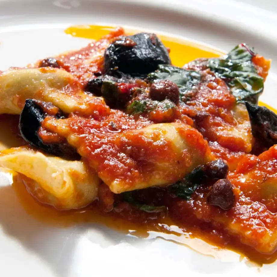 Chard and Ricotta Ravioli with Black Ceci and Black Garlic