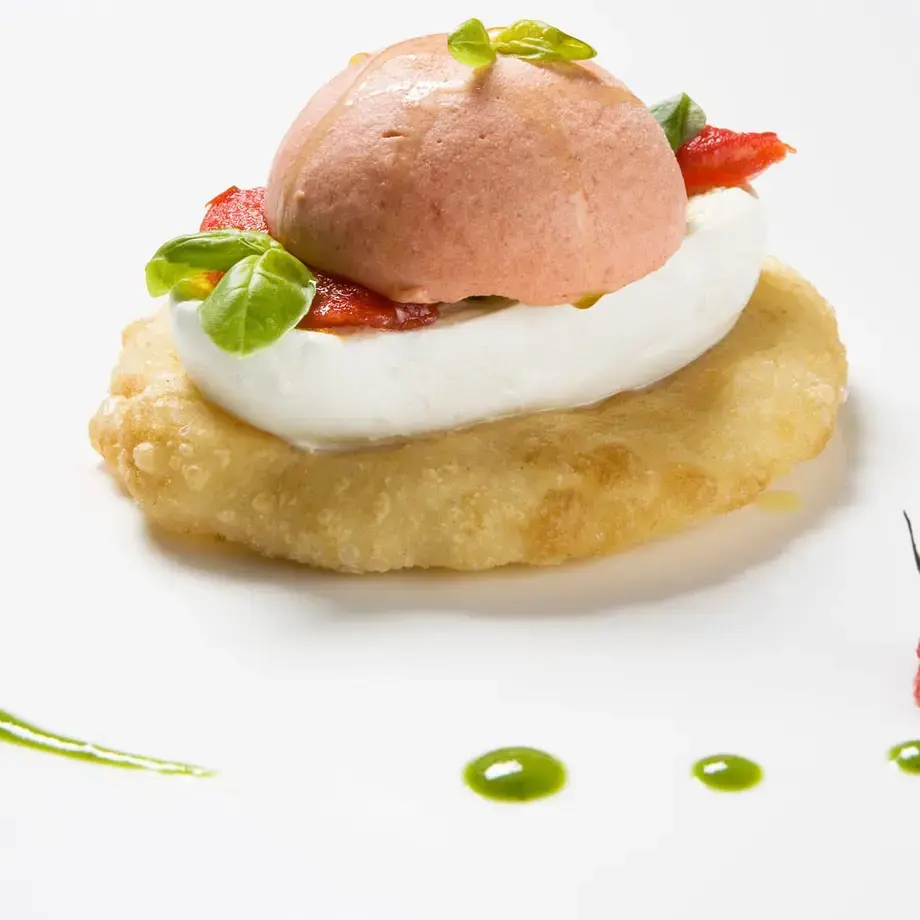 Fried Pizza, Tomato Bavarese, Buffalo Mozzarella And Tomato Confit