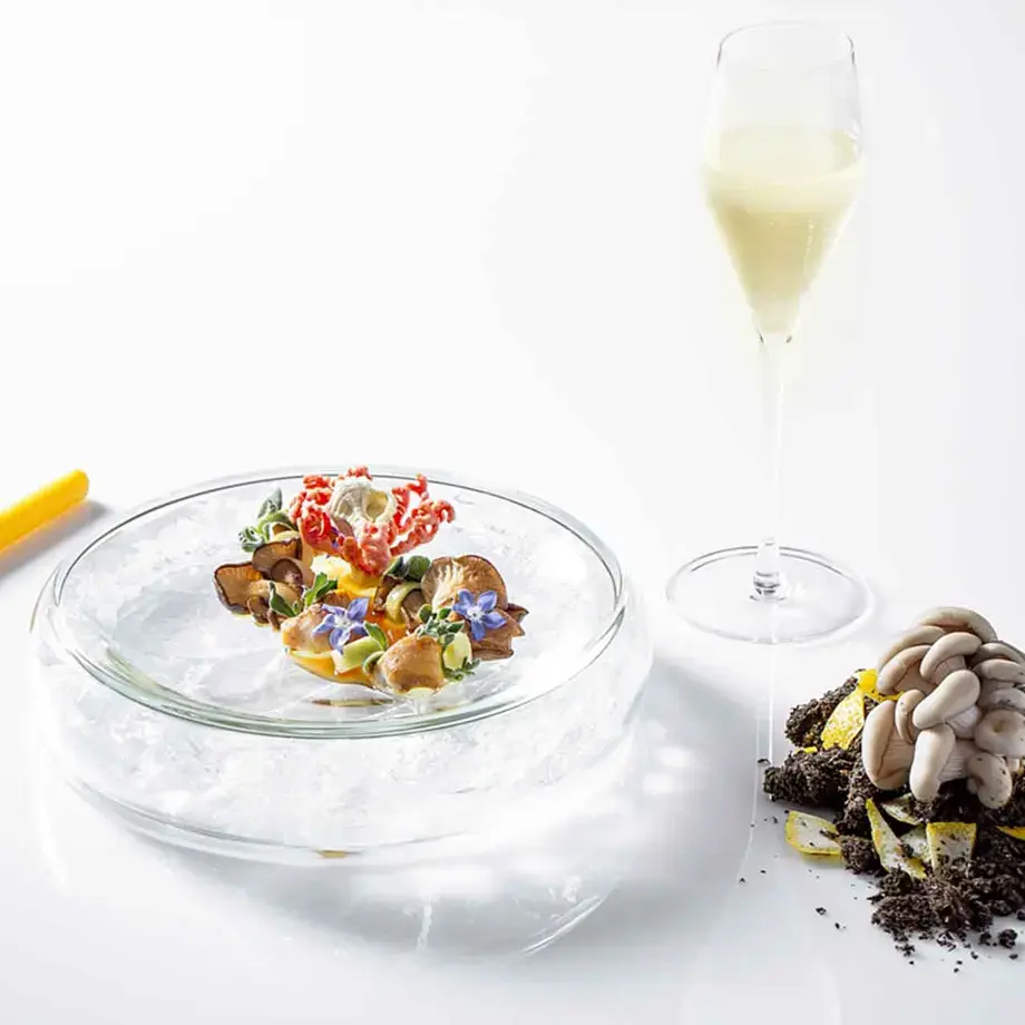 Black sea rapa whelk with mushrooms grown on lemon peels