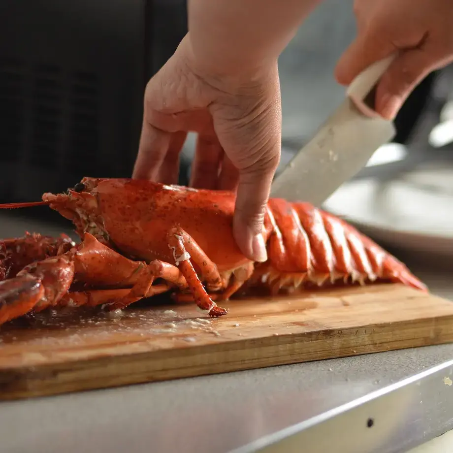 slicing into a freshly cooked lobster