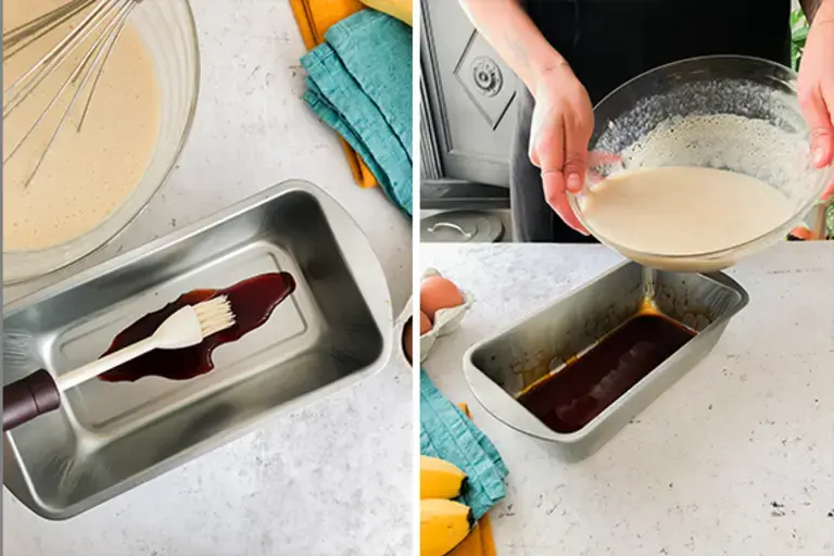 lining a tin with liquid caramel and pouring in banana mix on top