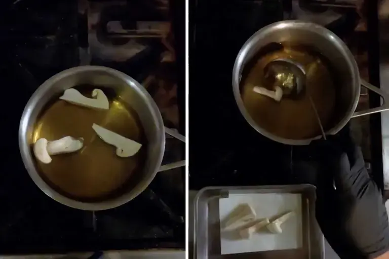 Poach matsutake in the dashi.