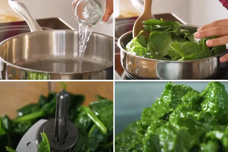 cooking baby spinach for Palak Gosht