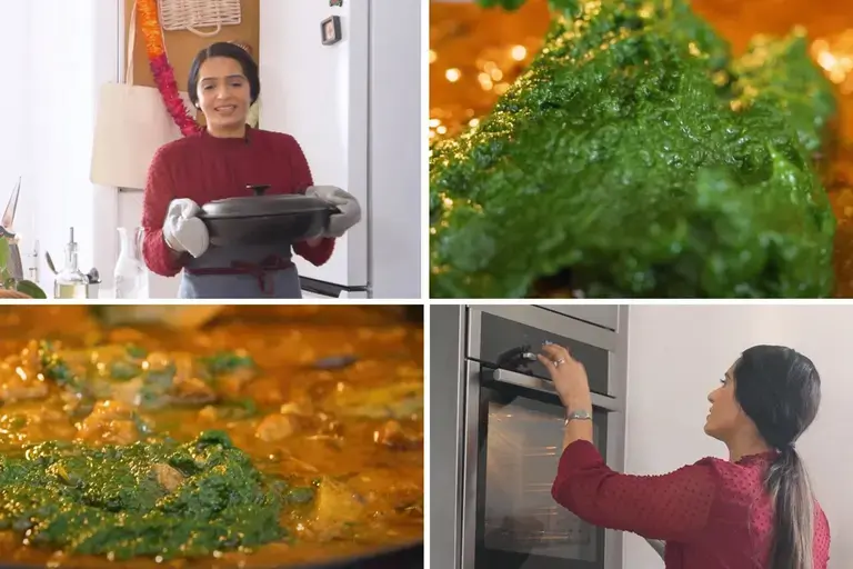 adding spinach to lamb for Palak Gosht