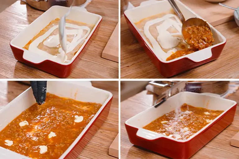 Layering the lasagna.