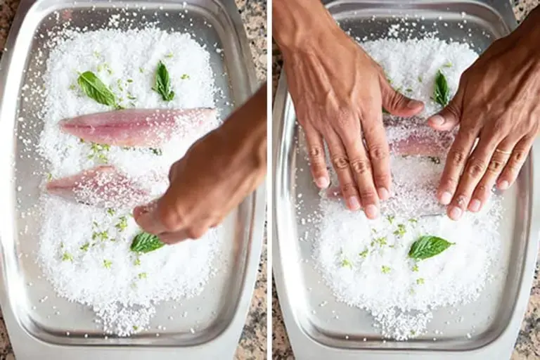 Covering the  mackerel with salt Courtesy of Nicole Bozzao 