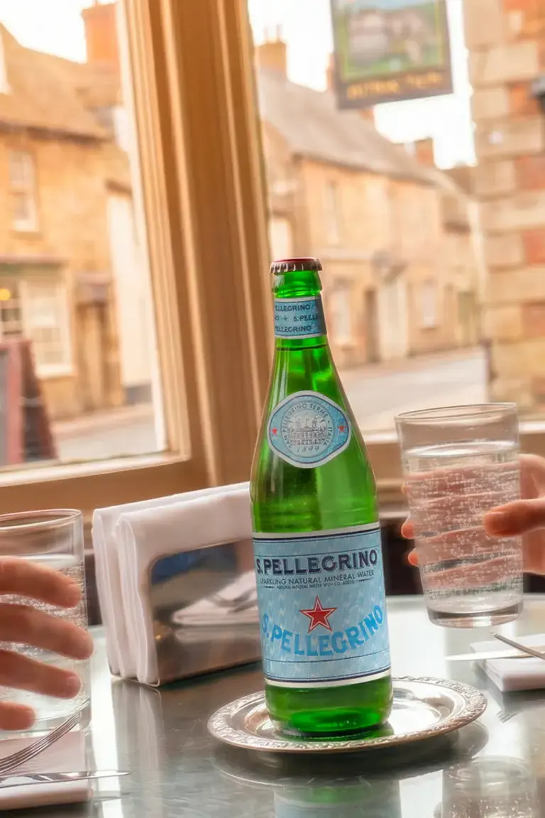 S.Pellegrino at a restaurant table in an English village.