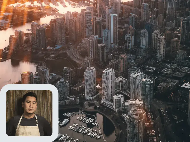 Chef Angus An and the Vancouver cityscape.