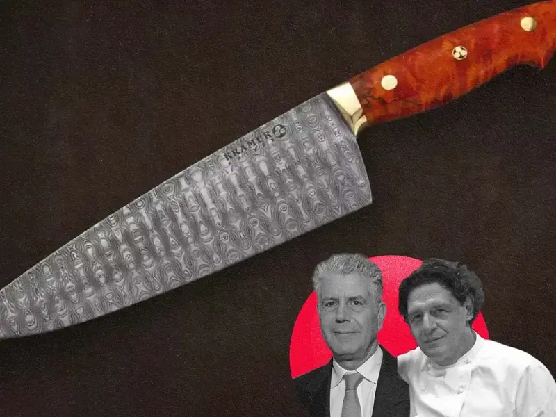 Bourdain chef knife with chefs Bourdain and Marco Pierre White.